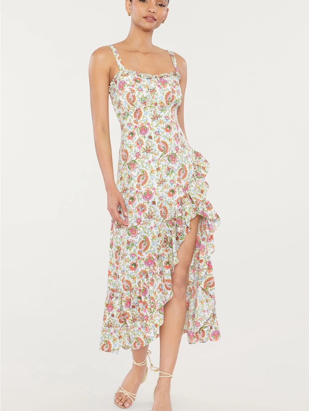 Likely Pink & Green Paisley Ruffle side slit Dress NWT